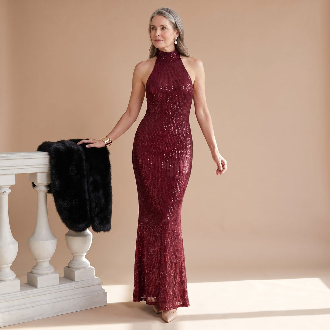 Women's Burgundy Sequin Halter-Neck Fitted Maxi Dress