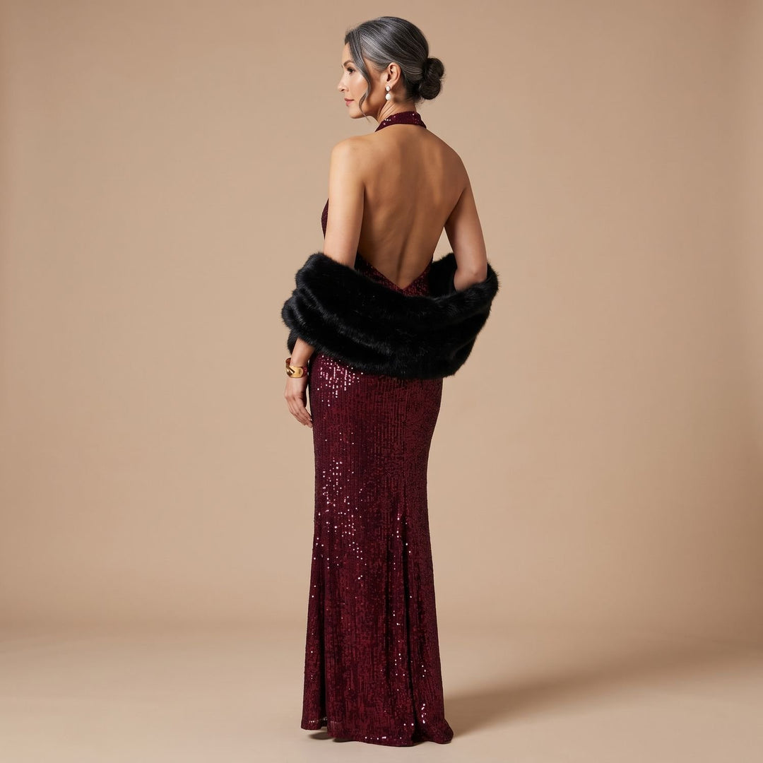 Women's Burgundy Sequin Halter-Neck Fitted Maxi Dress