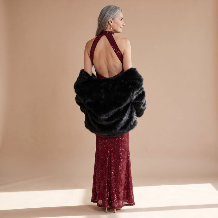Women's Burgundy Sequin Halter-Neck Fitted Maxi Dress
