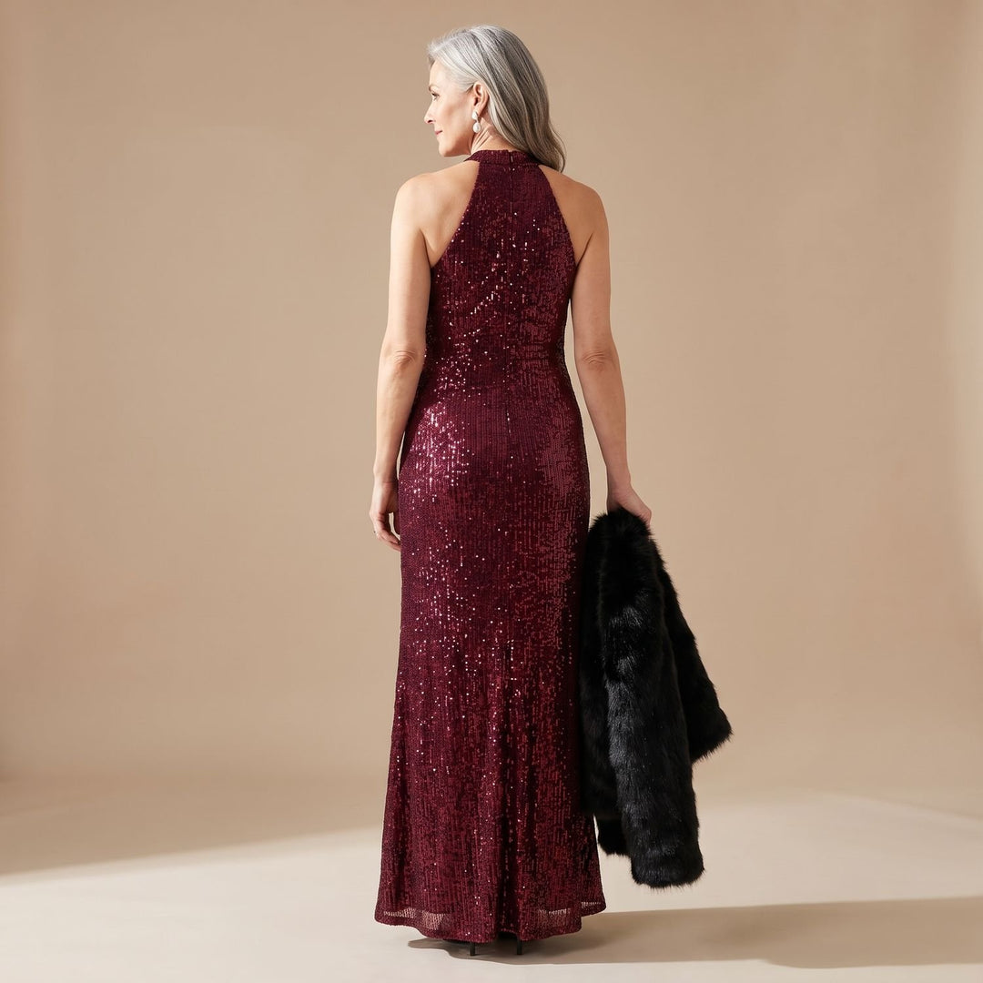 Women's Burgundy Sequin Halter-Neck Fitted Maxi Dress