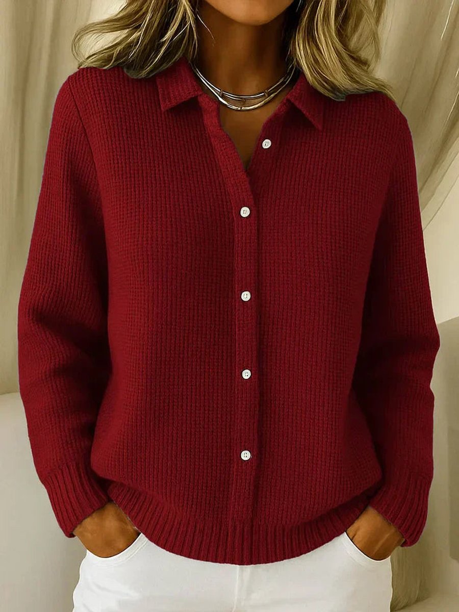 Women's Button-Front Ribbed Knit Collared Cardigan Sweater - Dark Red