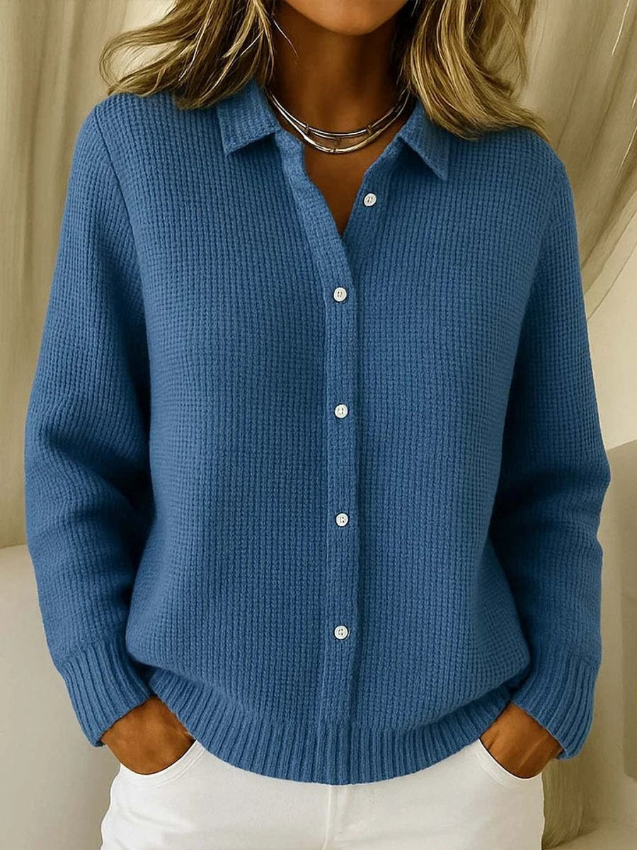 Women's Button-Front Ribbed Knit Collared Cardigan Sweater - Dark Blue
