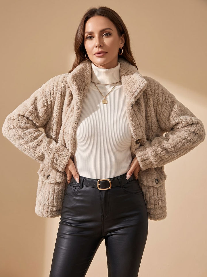Women's Button-Front Teddy Fleece Jacket with Patch Pockets, Beige - Beige