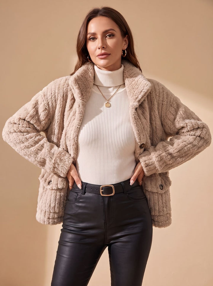 Women's Button-Front Teddy Fleece Jacket with Patch Pockets, Beige