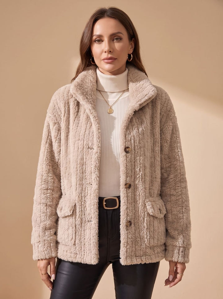 Women's Button-Front Teddy Fleece Jacket with Patch Pockets, Beige