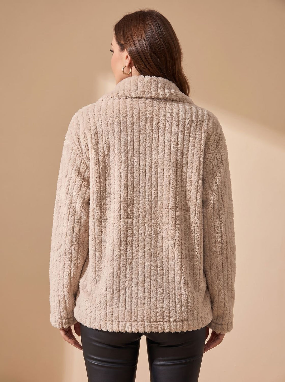 Women's Button-Front Teddy Fleece Jacket with Patch Pockets, Beige