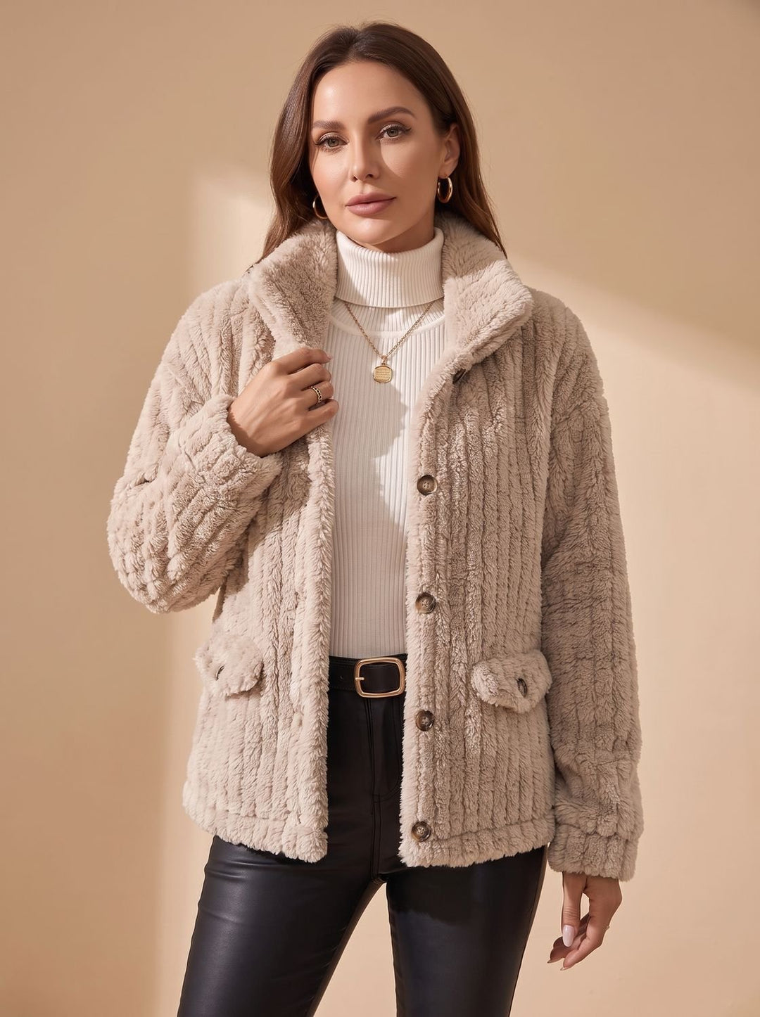 Women's Button-Front Teddy Fleece Jacket with Patch Pockets, Beige