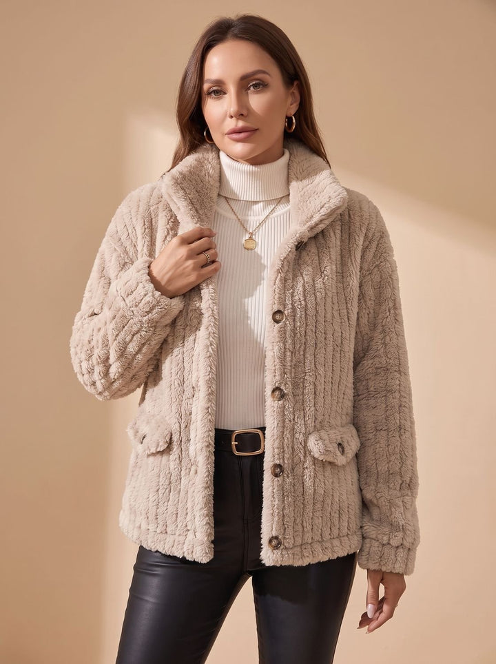 Women's Button-Front Teddy Fleece Jacket with Patch Pockets, Beige