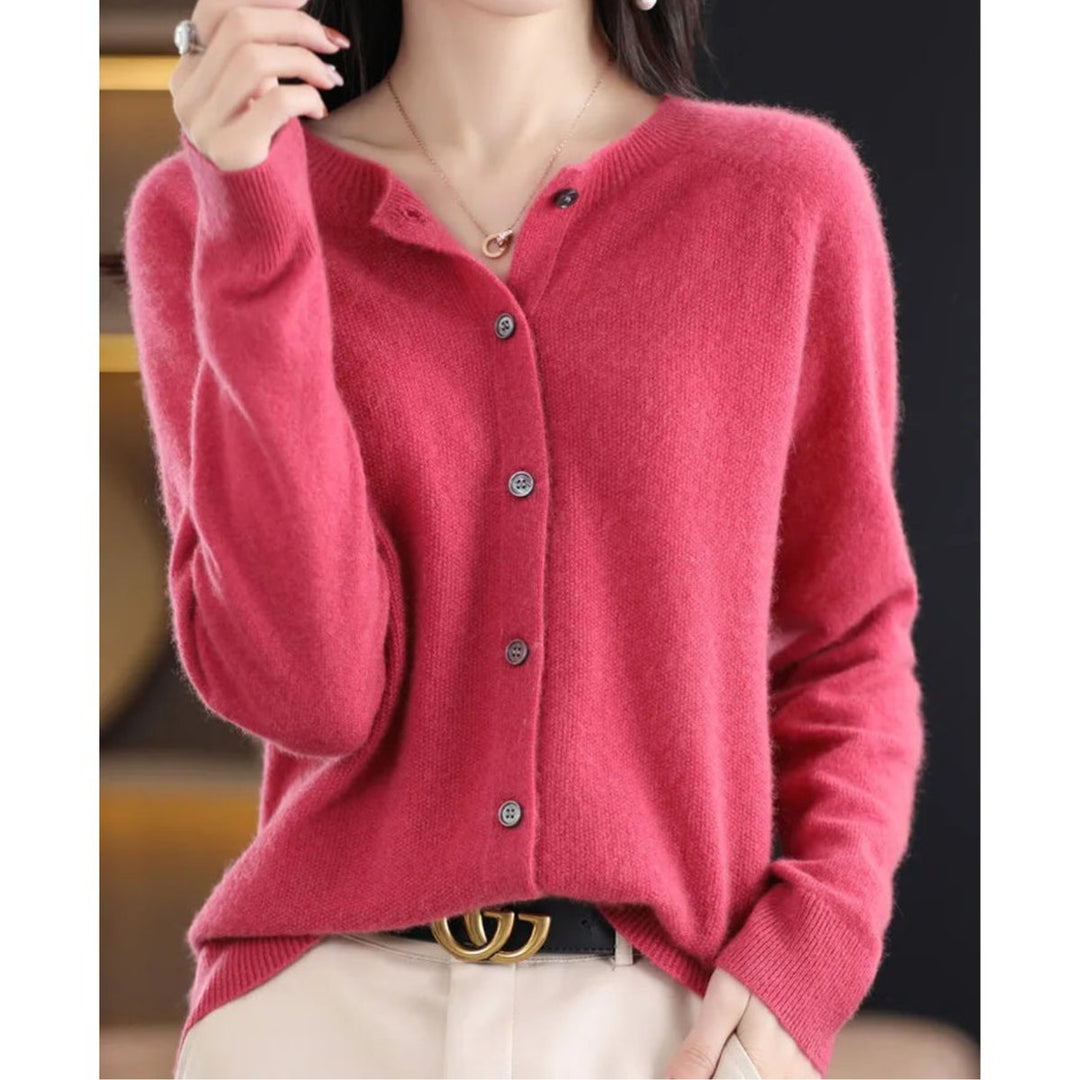 Women's Button-Front V-Neck Knit Cashmere Cardigan Sweater - Dark Pink