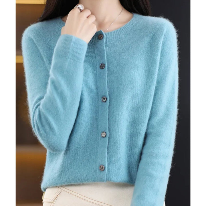 Women's Button-Front V-Neck Knit Cashmere Cardigan Sweater - Light Turquoise