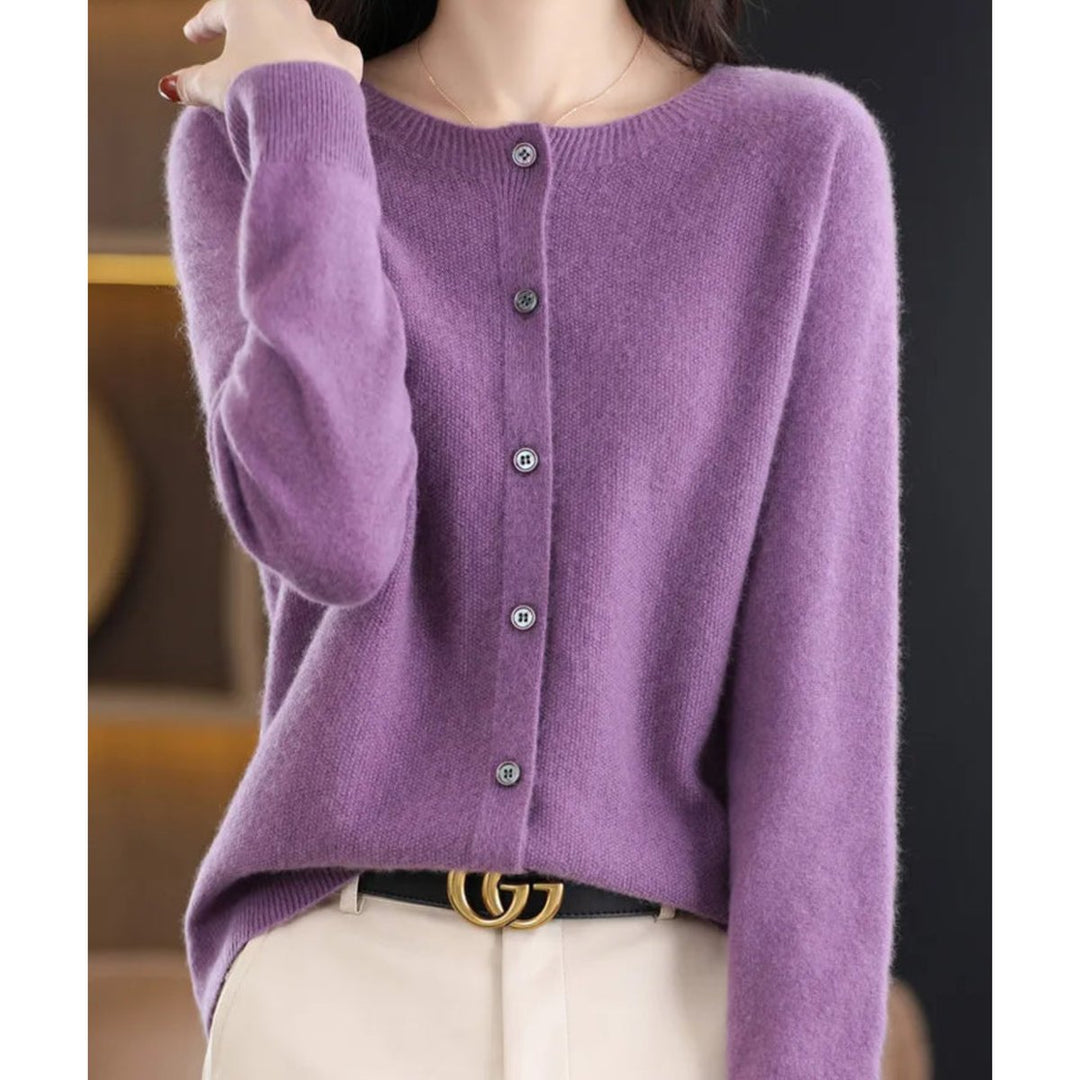 Women's Button-Front V-Neck Knit Cashmere Cardigan Sweater - Lilac