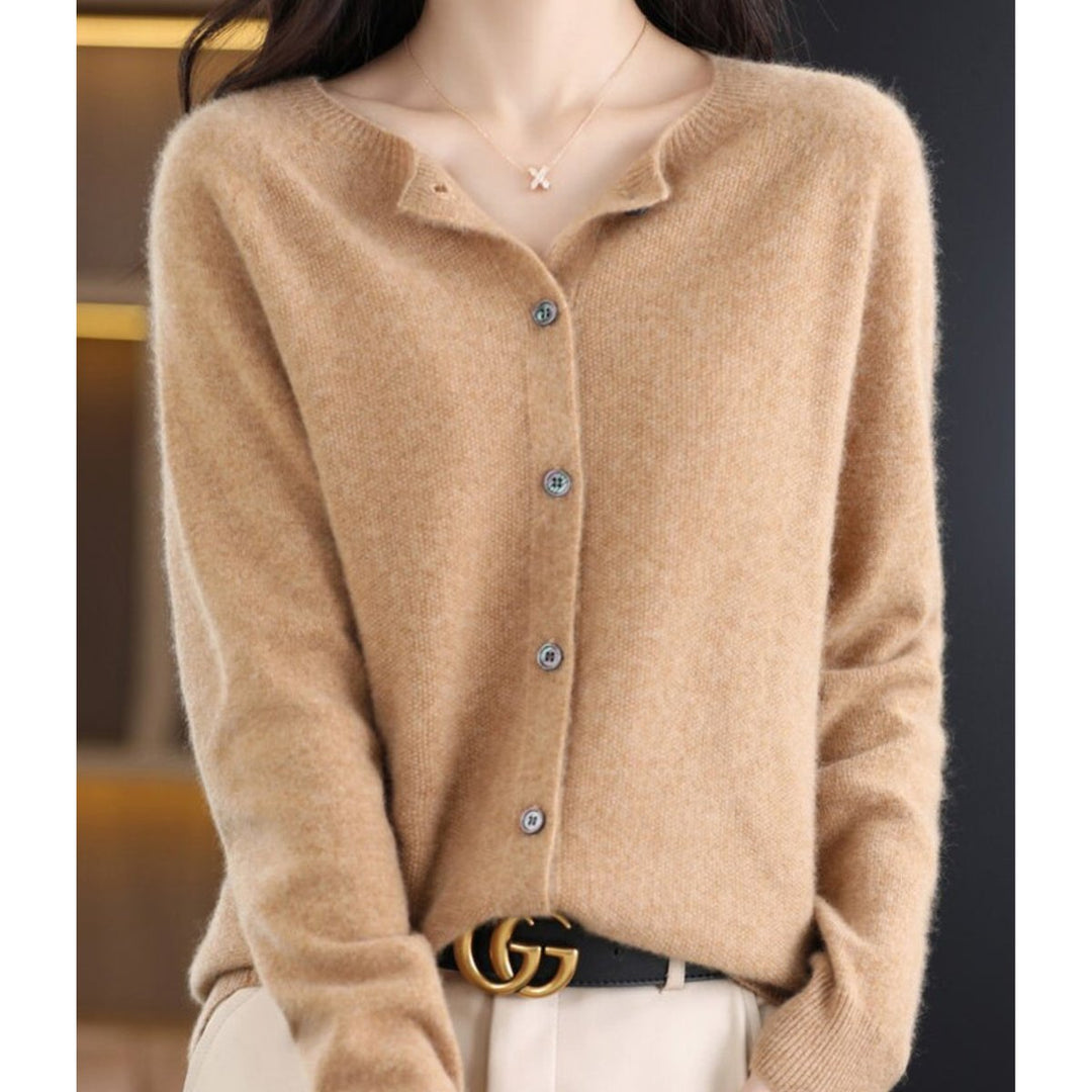 Women's Button-Front V-Neck Knit Cashmere Cardigan Sweater - Light Brown