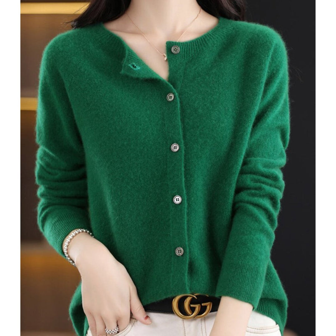 Women's Button-Front V-Neck Knit Cashmere Cardigan Sweater - Dark Green