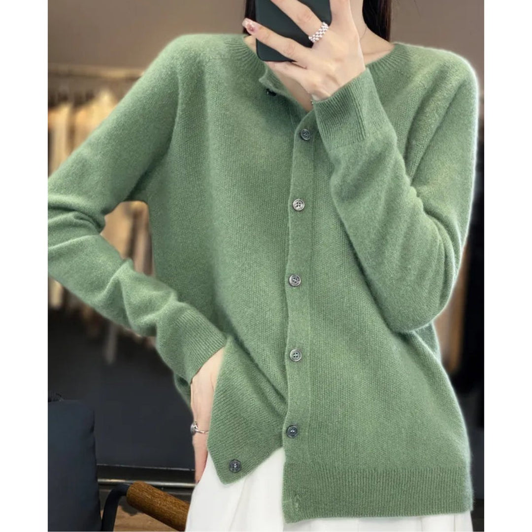 Women's Button-Front V-Neck Knit Cashmere Cardigan Sweater - Light Green