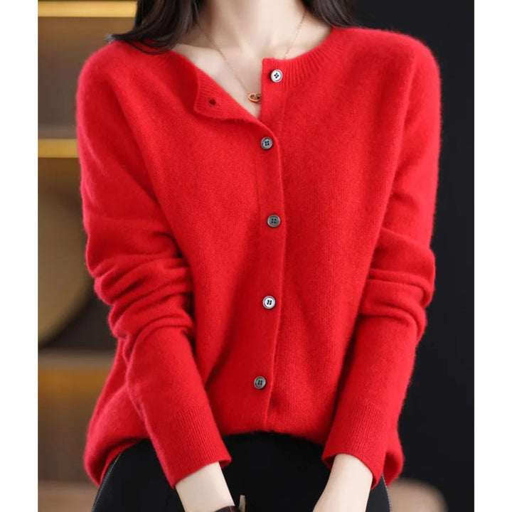 Women's Button-Front V-Neck Knit Cashmere Cardigan Sweater - Red
