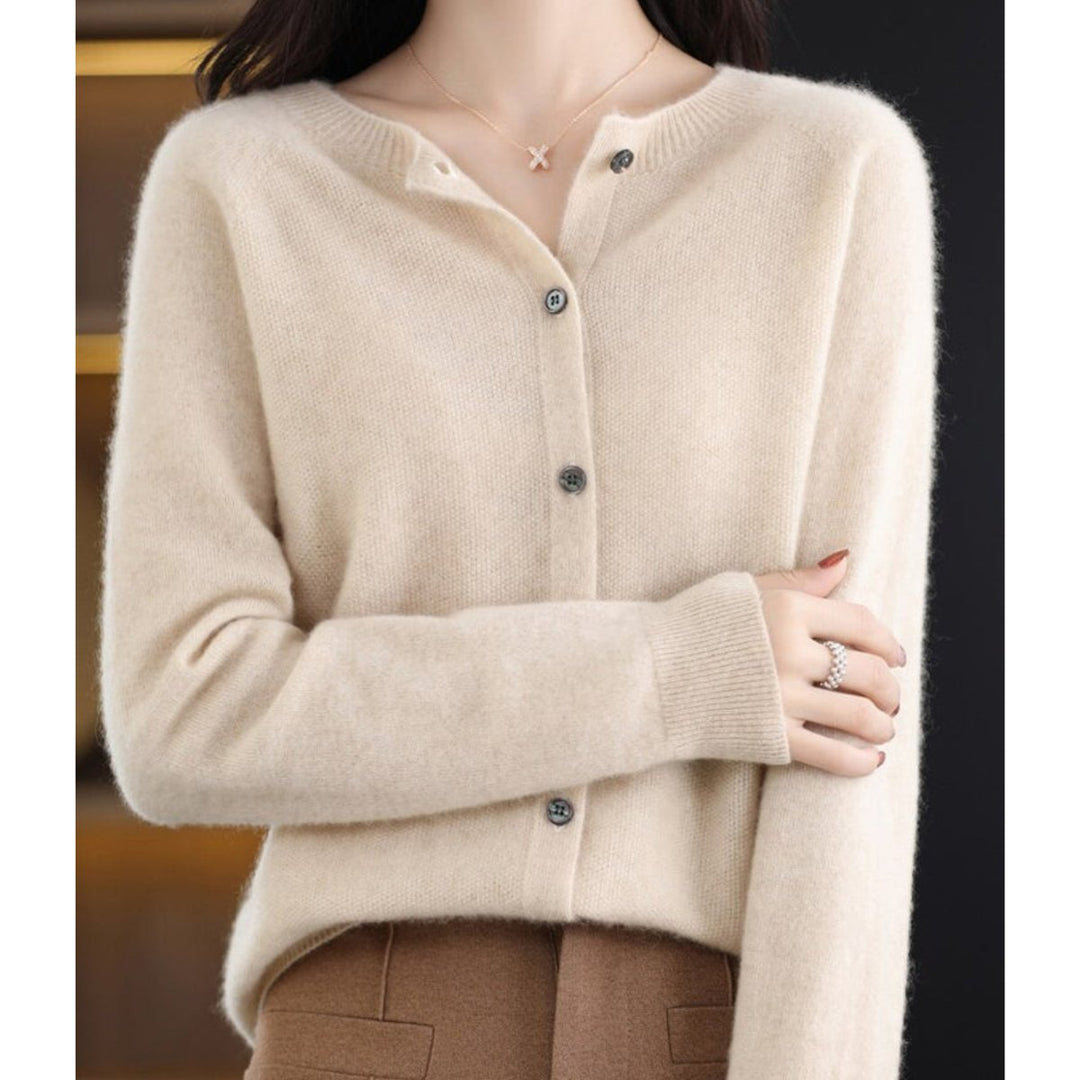 Women's Button-Front V-Neck Knit Cashmere Cardigan Sweater - Khaki