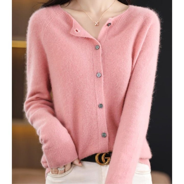 Women's Button-Front V-Neck Knit Cashmere Cardigan Sweater - Light Pink