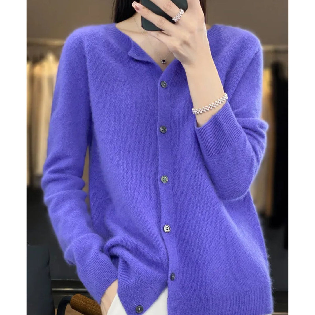 Women's Button-Front V-Neck Knit Cashmere Cardigan Sweater - Dark Blue