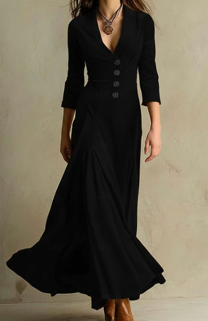 Women's Button-Front V-Neck Long Sleeve Maxi Dress - Black
