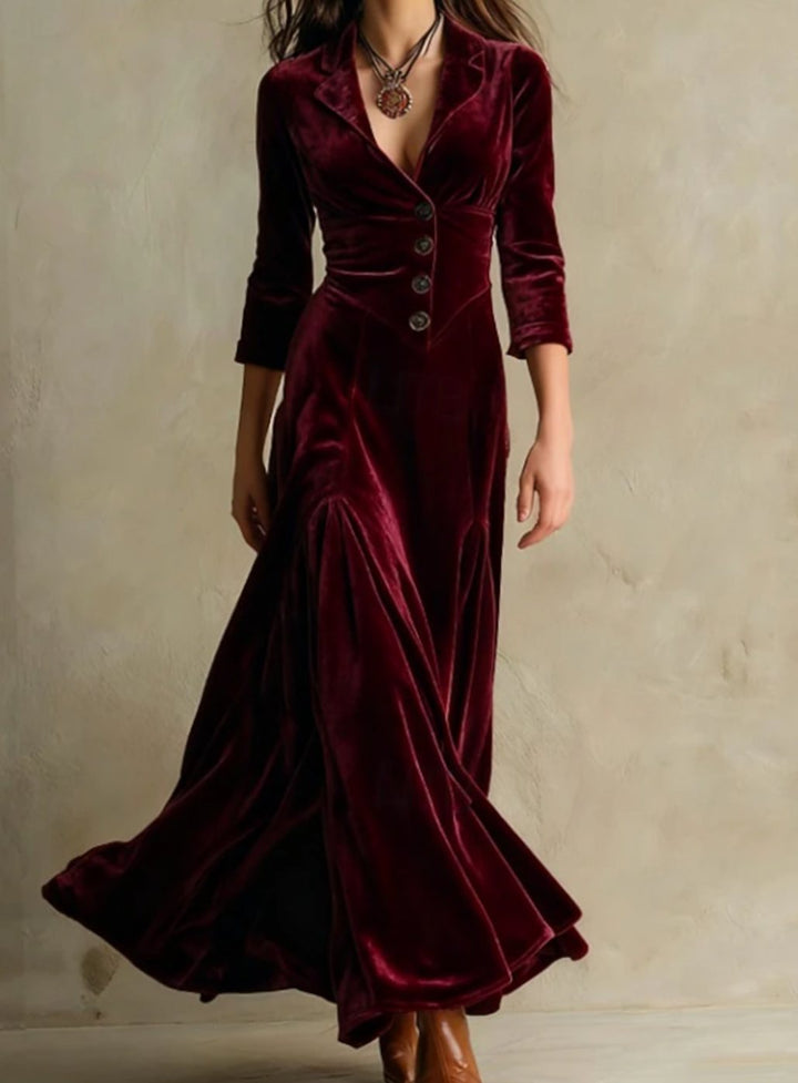 Women's Button-Front V-Neck Long Sleeve Maxi Dress - Burgundy