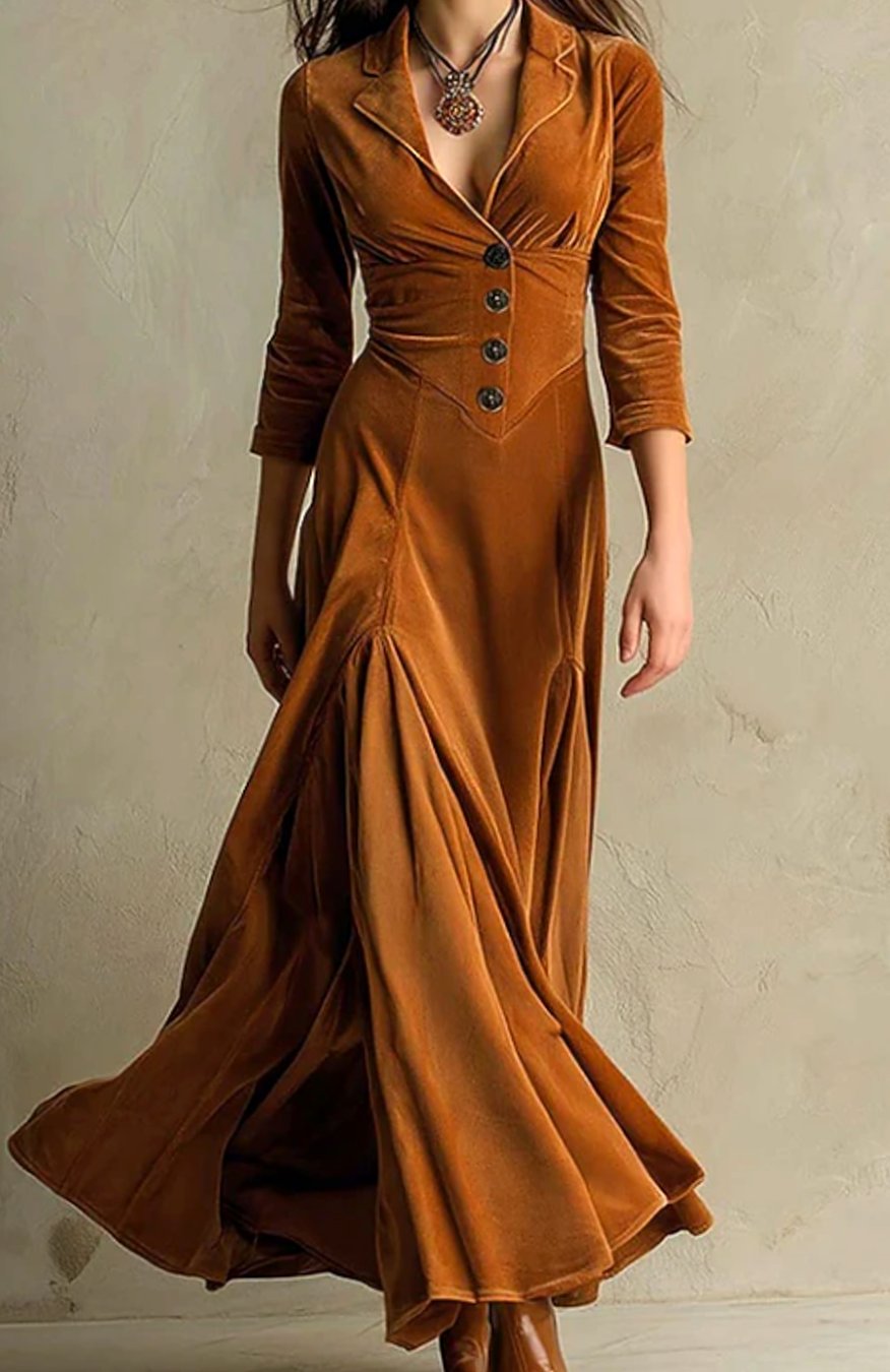 Women's Button-Front V-Neck Long Sleeve Maxi Dress - Brown