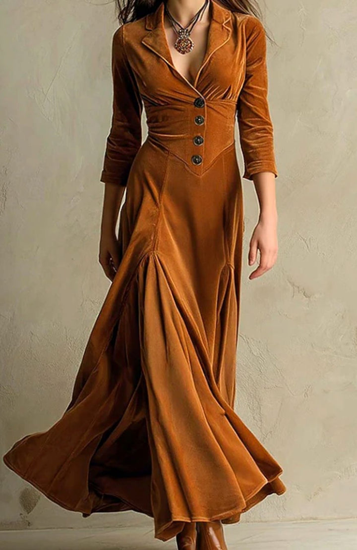 Women's Button-Front V-Neck Long Sleeve Maxi Dress - Brown