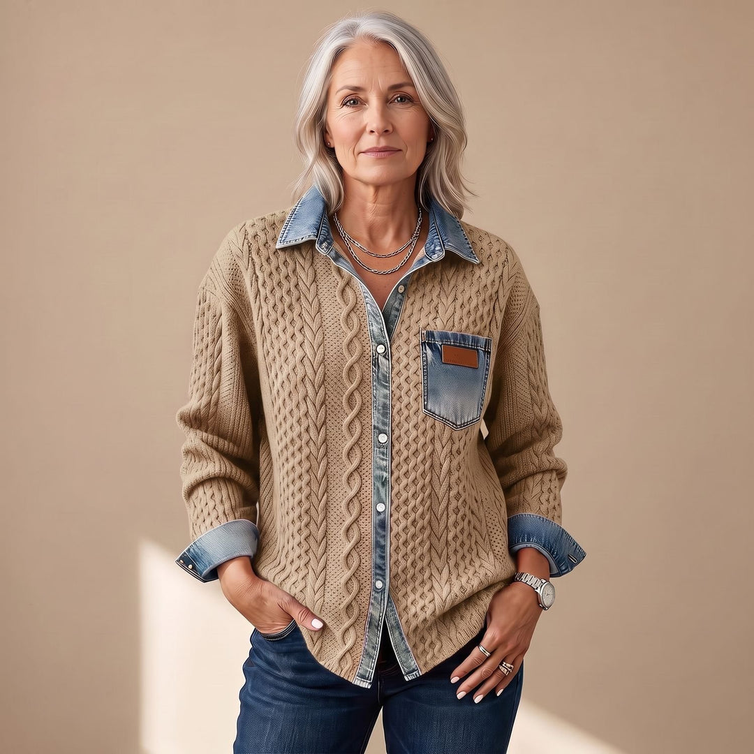 Women's Cable-Knit Denim Patchwork Long Sleeve Button-Up Shirt