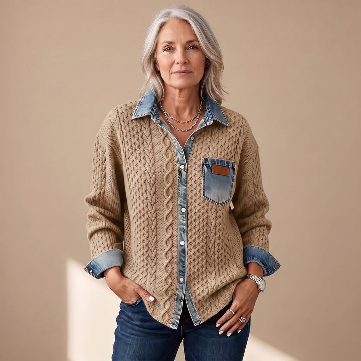 Women's Cable-Knit Denim Patchwork Long Sleeve Button-Up Shirt
