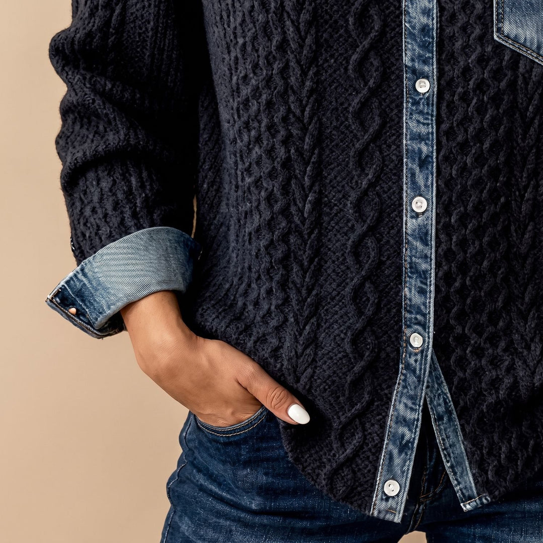 Women's Cable-Knit Denim Patchwork Long Sleeve Button-Up Shirt