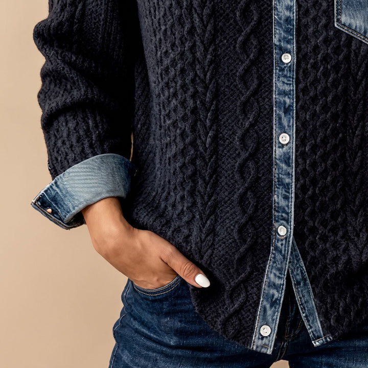 Women's Cable-Knit Denim Patchwork Long Sleeve Button-Up Shirt