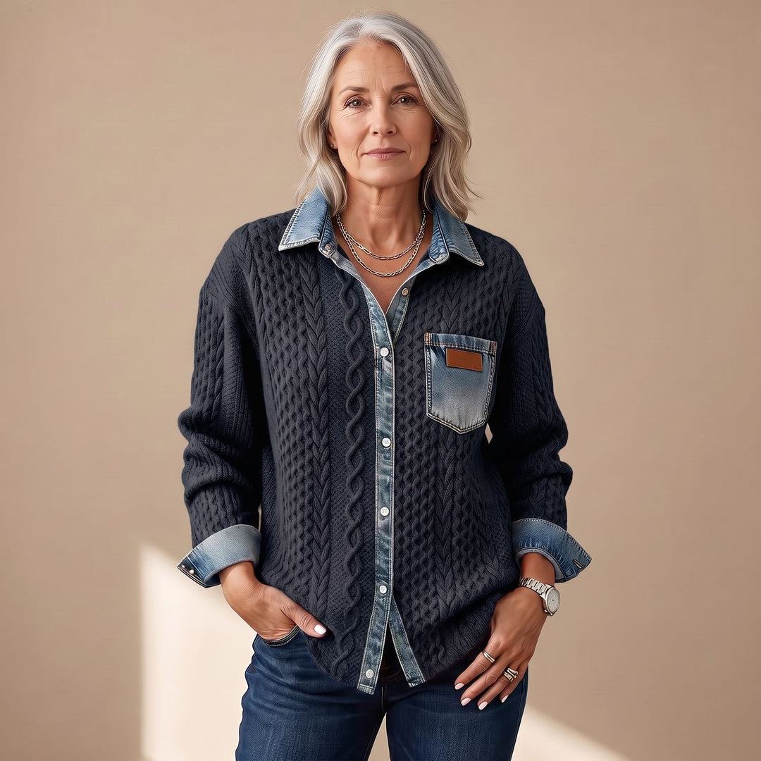 Women's Cable-Knit Denim Patchwork Long Sleeve Button-Up Shirt - Dark Blue