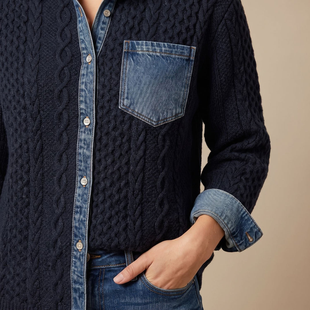 Women's Cable-Knit Denim Patchwork Long Sleeve Button-Up Shirt