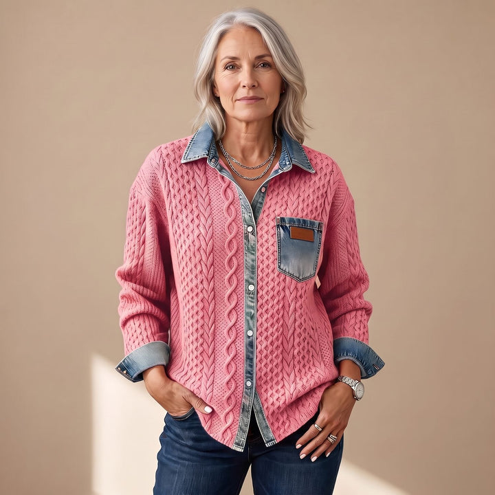Women's Cable-Knit Denim Patchwork Long Sleeve Button-Up Shirt