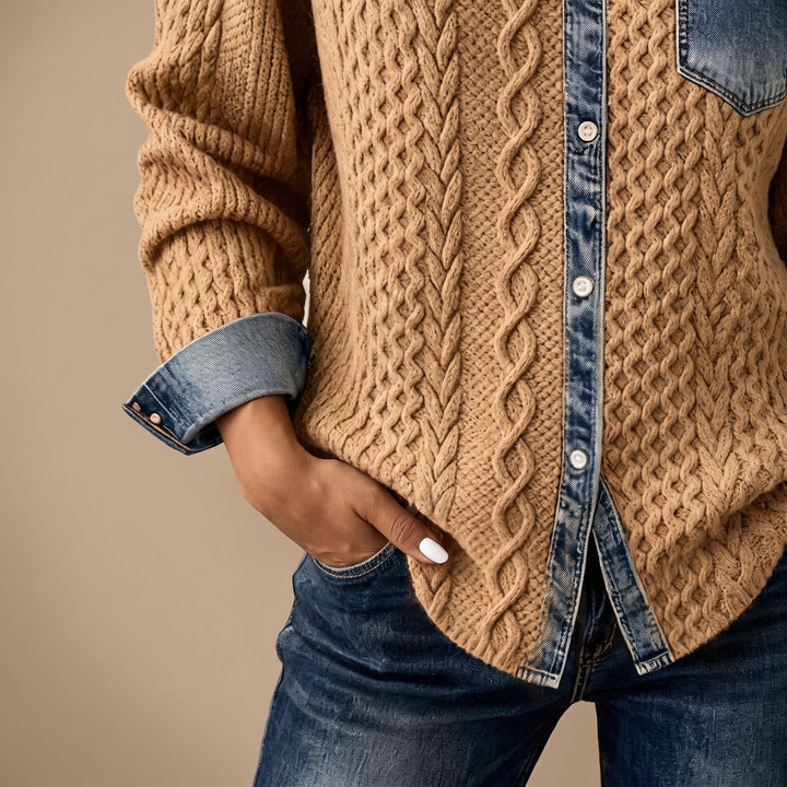 Women's Cable-Knit Denim Patchwork Long Sleeve Button-Up Shirt