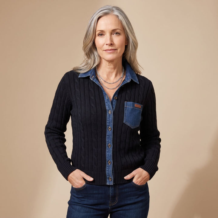 Women's Cable-Knit Denim Patchwork Long Sleeve Button-Up Shirt