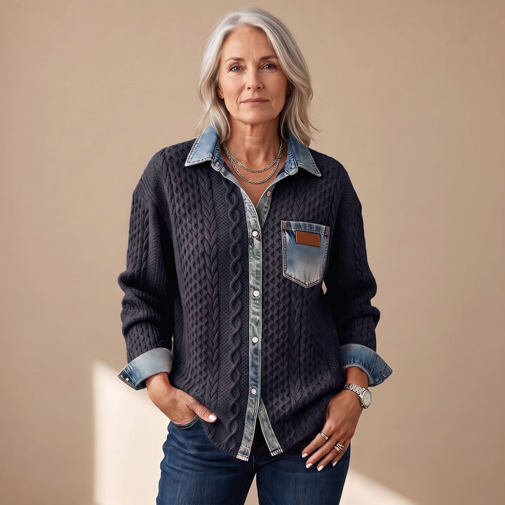 Women's Cable-Knit Denim Patchwork Long Sleeve Button-Up Shirt - Dark Grey