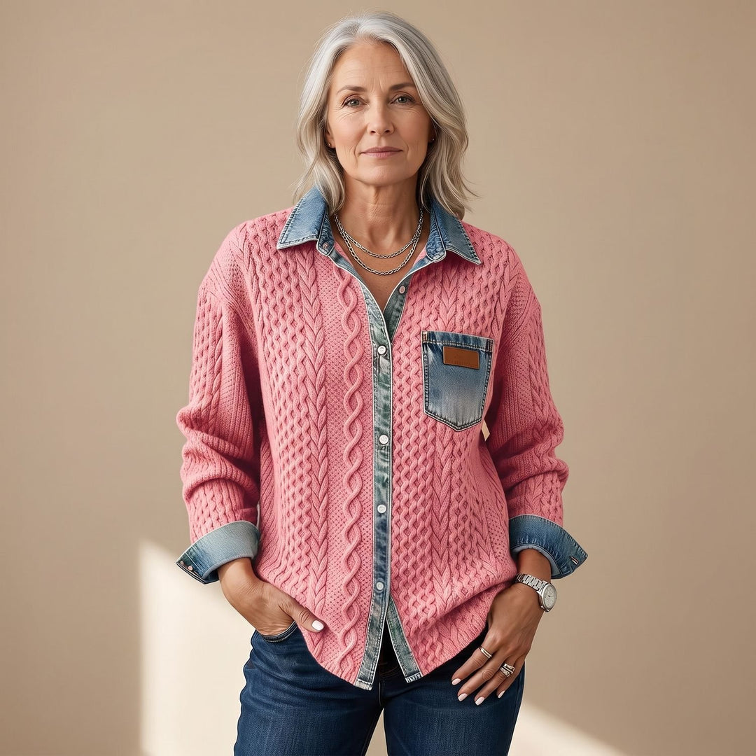 Women's Cable-Knit Denim Patchwork Long Sleeve Button-Up Shirt