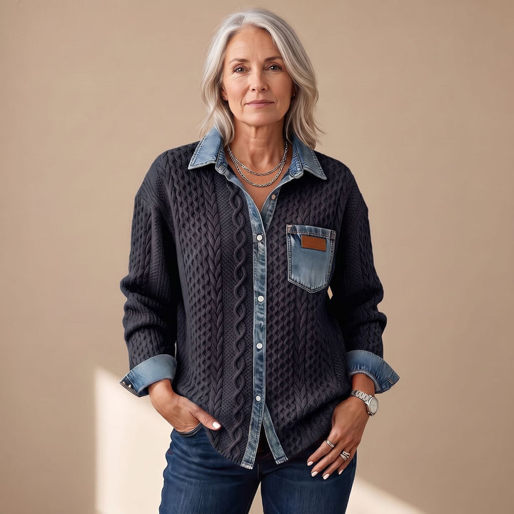 Women's Cable-Knit Denim Patchwork Long Sleeve Button-Up Shirt