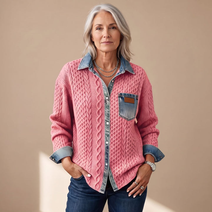 Women's Cable-Knit Denim Patchwork Long Sleeve Button-Up Shirt - Pink