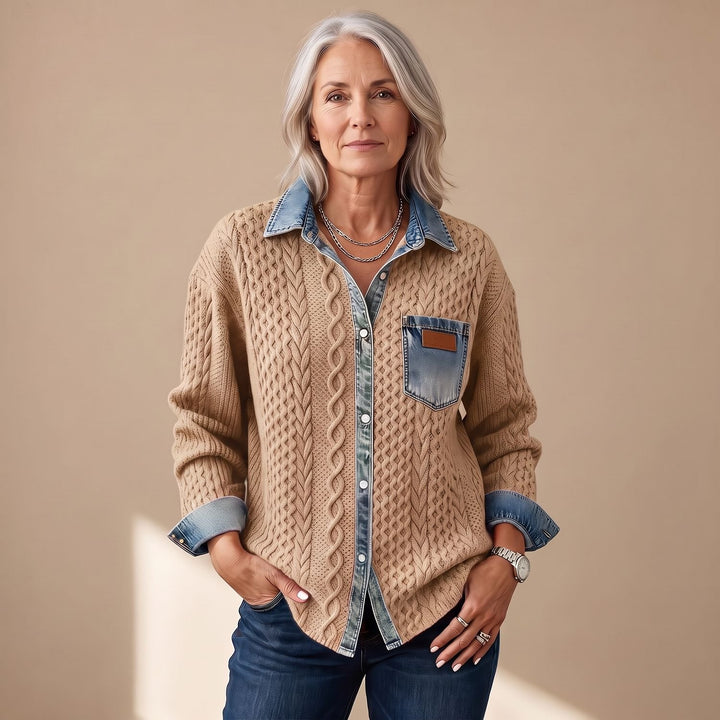 Women's Cable-Knit Denim Patchwork Long Sleeve Button-Up Shirt - Khaki