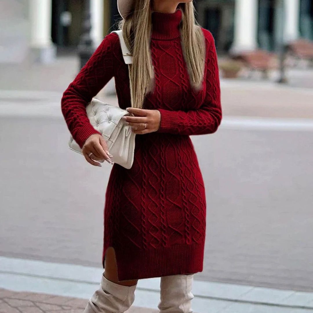Women's Cable Knit Long Sleeve Turtleneck Dress - Burgundy