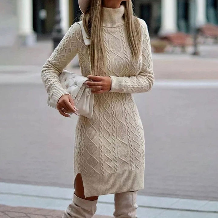 Women's Cable Knit Long Sleeve Turtleneck Dress - Beige