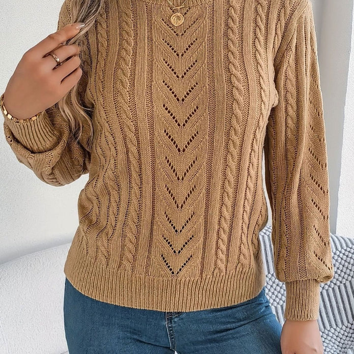 Women's Cable-Knit Openwork Round-Neck Sweater - Khaki