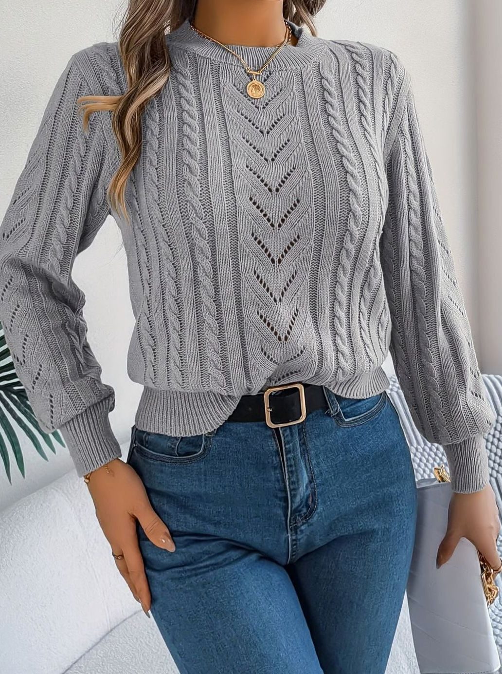 Women's Cable-Knit Openwork Round-Neck Sweater