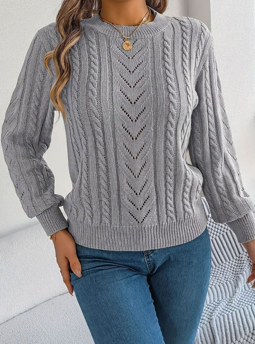 Women's Cable-Knit Openwork Round-Neck Sweater