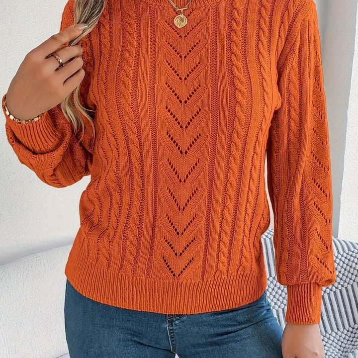 Women's Cable-Knit Openwork Round-Neck Sweater - Orange Red