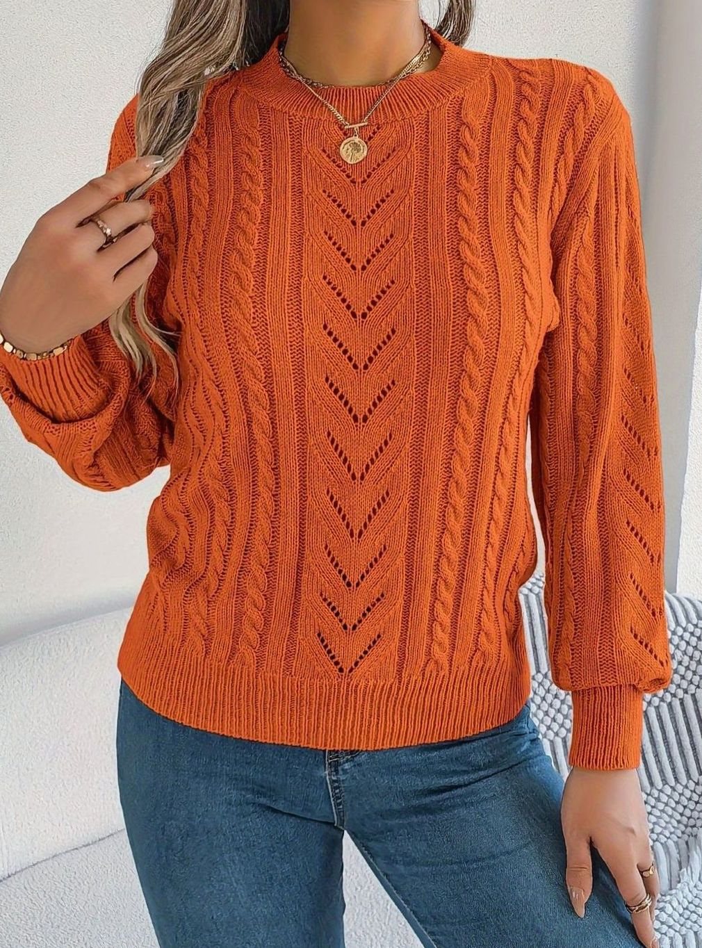 Women's Cable-Knit Openwork Round-Neck Sweater