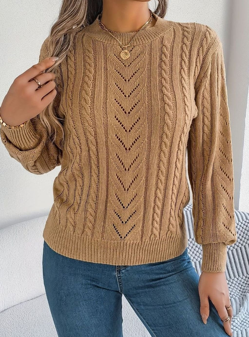 Women's Cable-Knit Openwork Round-Neck Sweater
