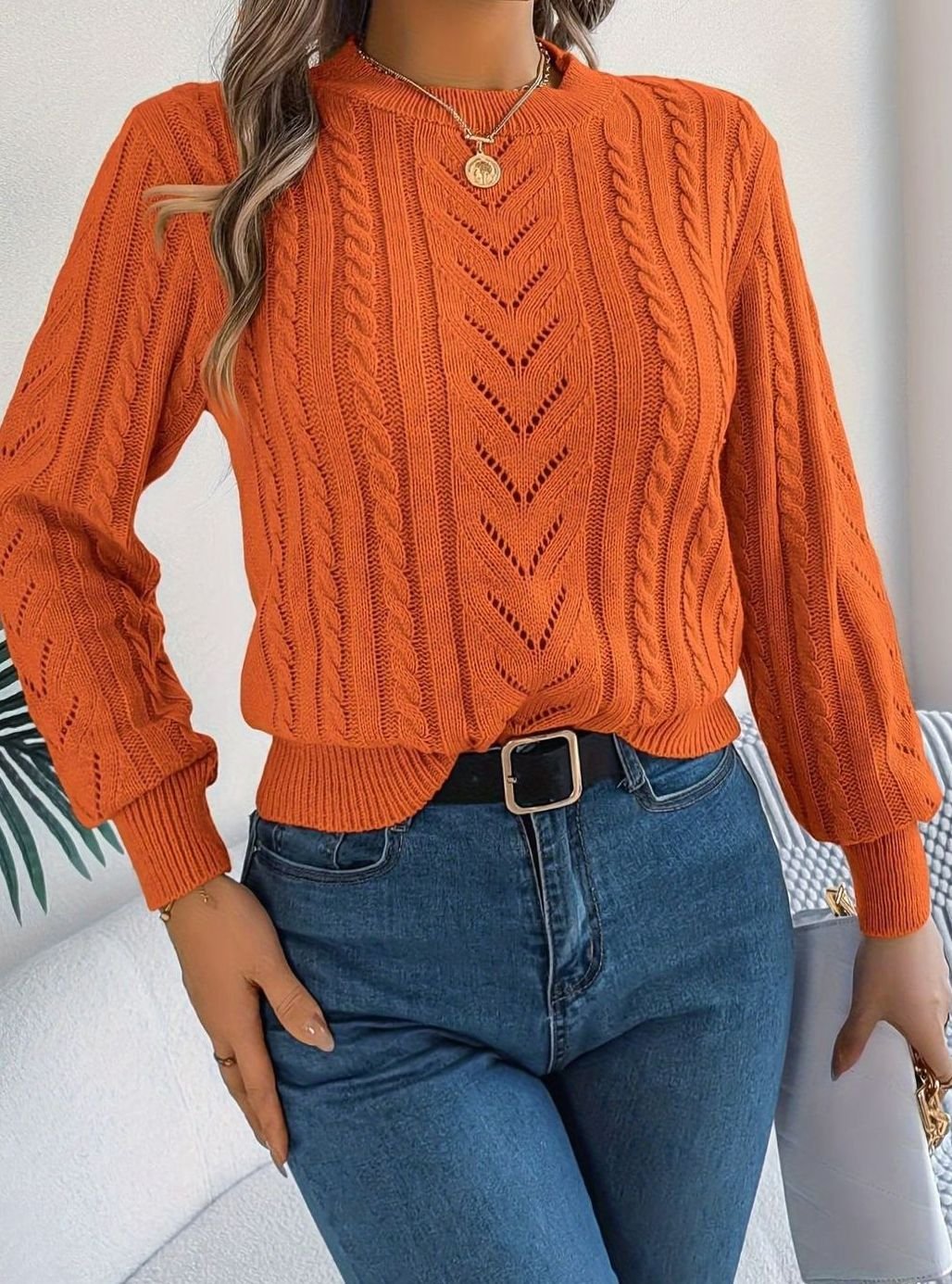 Women's Cable-Knit Openwork Round-Neck Sweater