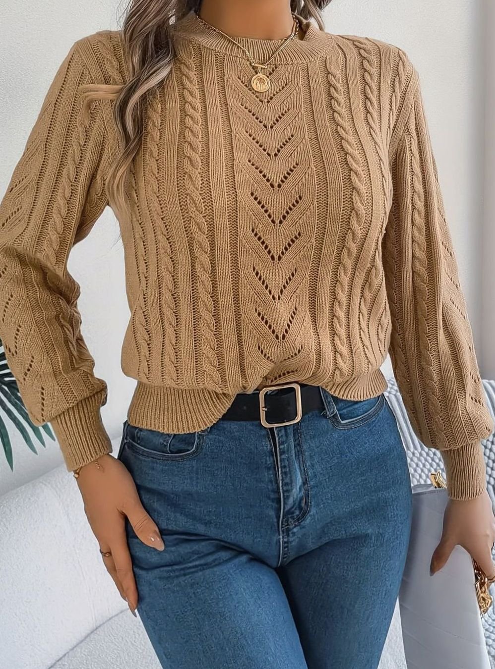 Women's Cable-Knit Openwork Round-Neck Sweater